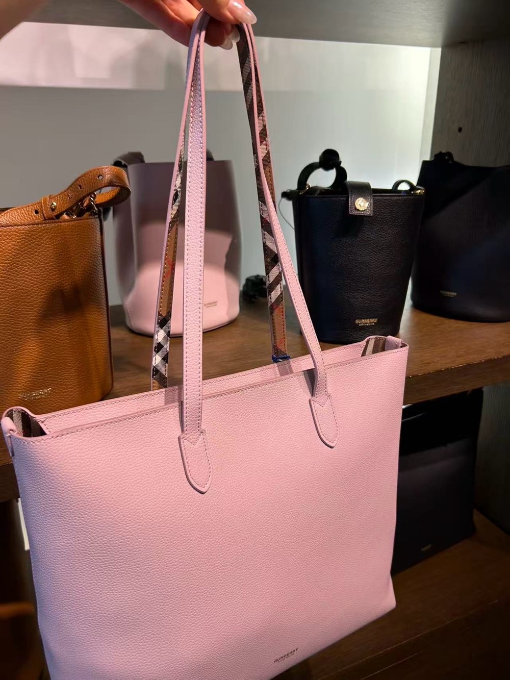 Burberry Light Pink Leather Tote with Check-Trim Straps